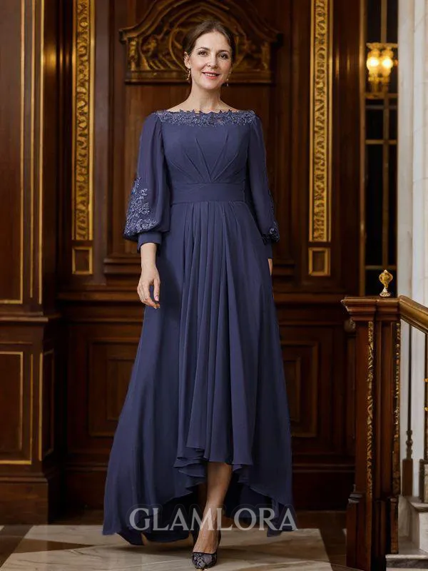 A-line Bateau Flattering 3/4 Sleeves Asymmetrical Chiffon Mother of the Bride Dresses