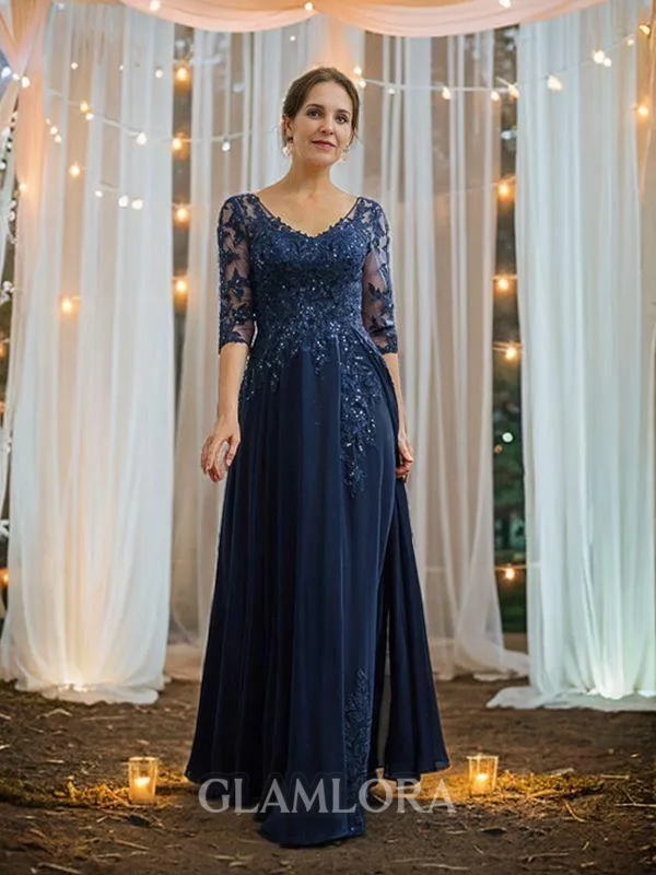 A-line V-Neck Glamorous 3/4 Sleeves Floor-Length Chiffon Mother of the Bride Dresses