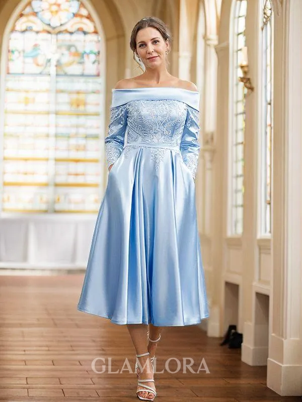 A-line Off-the-Shoulder Tasteful Long Sleeves Tea-Length Silk like Satin Mother of the Bride Dresses