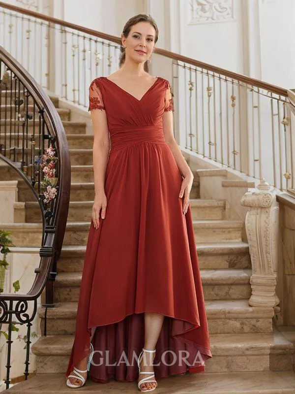 A-line V-Neck Gracious Short Sleeves Asymmetrical Chiffon Mother of the Bride Dresses