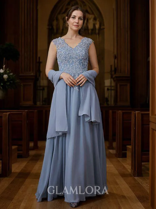 A-line V-Neck Modest Sleeveless Floor-Length Chiffon Mother of the Bride Dresses