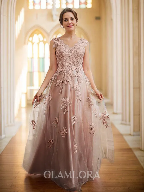 A-line V-Neck Rhythmic Sleeveless Floor-Length Tulle Mother of the Bride Dresses