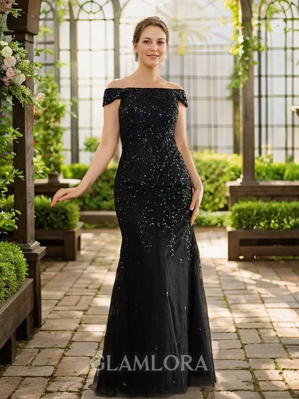 Sheath/Column Off-the-Shoulder Regal Sleeveless Floor-Length Tulle Mother of the Bride Dresses