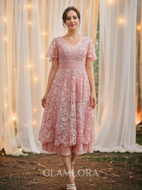 A-line V-Neck Chic Short Sleeves Tea-Length Chiffon Mother of the Bride Dresses