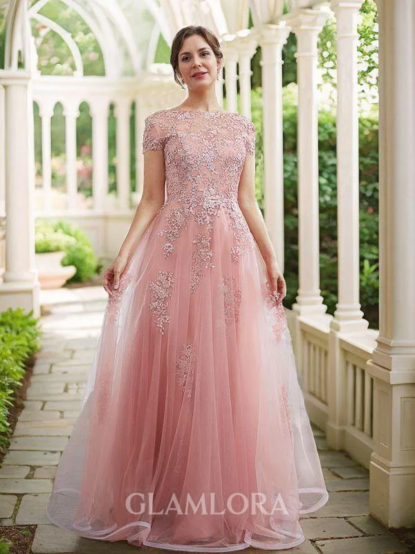A-line Bateau Radiant Short Sleeves Floor-Length Tulle Mother of the Bride Dresses