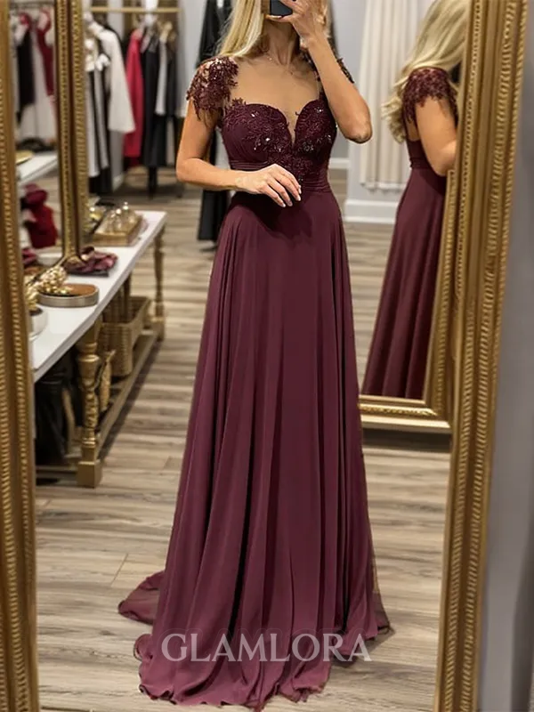 Classy A-line Sweetheart Short Sleeves Chiffon Floor-Length Mother of the Bride Dress with Appliques Lace