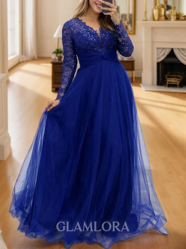 Flattering A-line V-neck Long Sleeves Tulle Floor-Length Mother of the Bride Dress with Appliques Lace