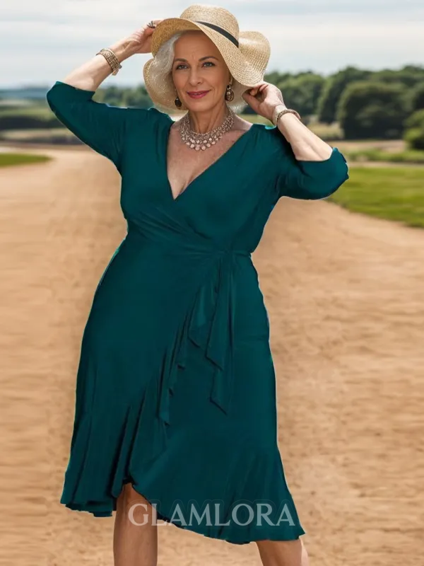 Classy V-neck A-line 3/4 Sleeves Silk Like Satin Ruffles Tea-Length Mother of the Bride Dress With Ruffles