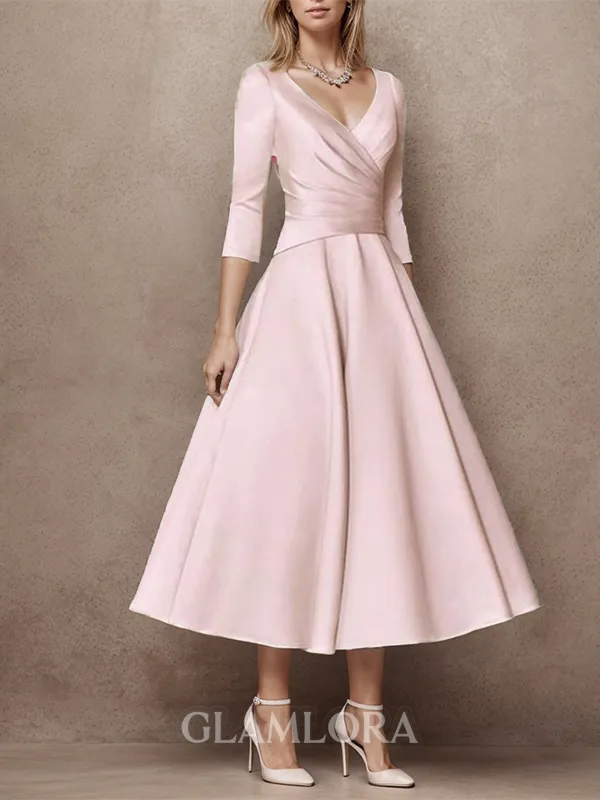 A-line Resplendent V-neck 3/4 Sleeves Satin Tea-Length Mother of the Bride Dress With Pleated