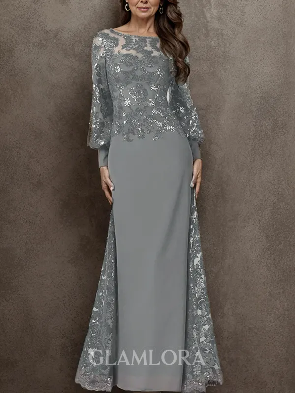 Elegant Sheath/Column Bateau Long Sleeves Chiffon Floor-Length Mother of the Bride Dress With Sequin