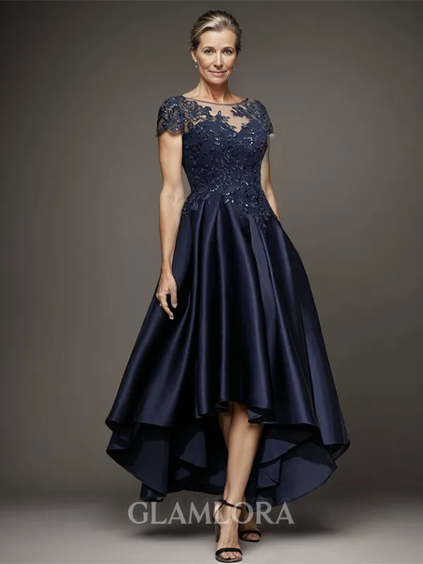 A-line Gracious Bateau Short Sleeves Satin Asymmetrical Mother of the Bride Dress With Applique
