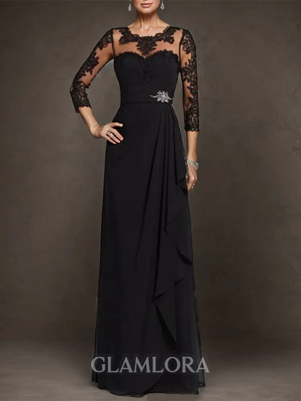 Graceful A-line Bateau 3/4 Sleeves Chiffon Floor-Length Mother of the Bride Dress With Ruffles