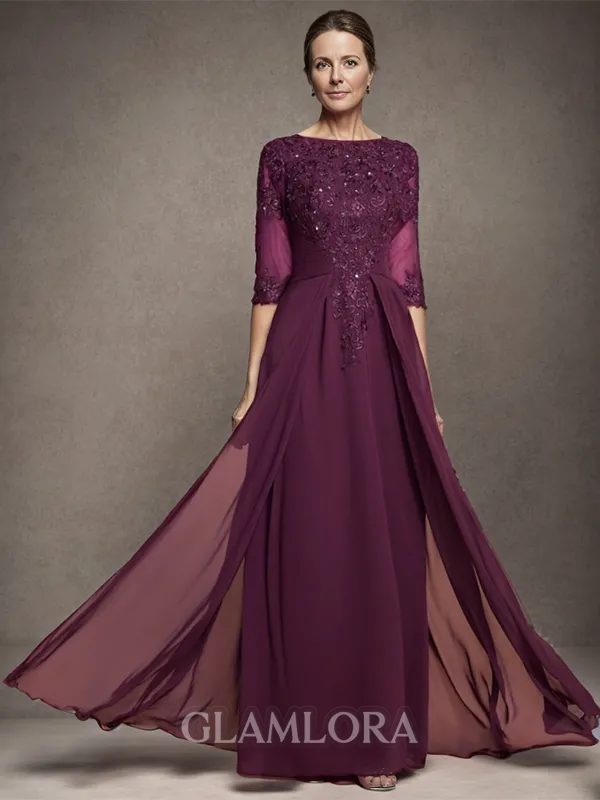 Regal A-line Bateau 1/2 Sleeves Chiffon Floor-Length Mother of the Bride Dress With Ruffles