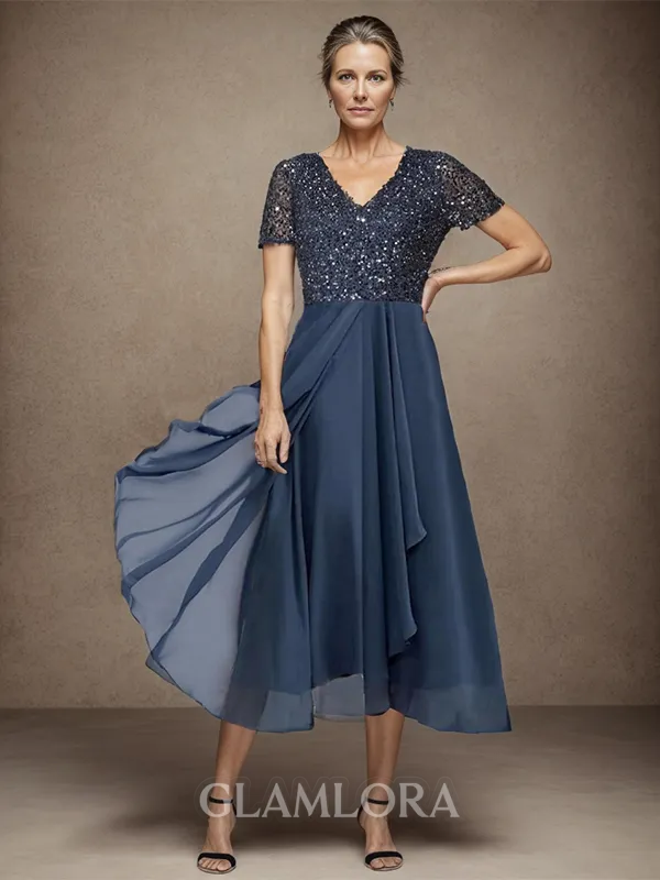 A-line Polished V-neck Short Sleeves Chiffon Asymmetrical Mother of the Bride Dress With Sequin