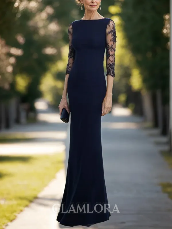 Sheath/Column Stylish Bateau 3/4 Sleeves Stretch Crepe Floor-Length Mother of the Bride Dress With Applique