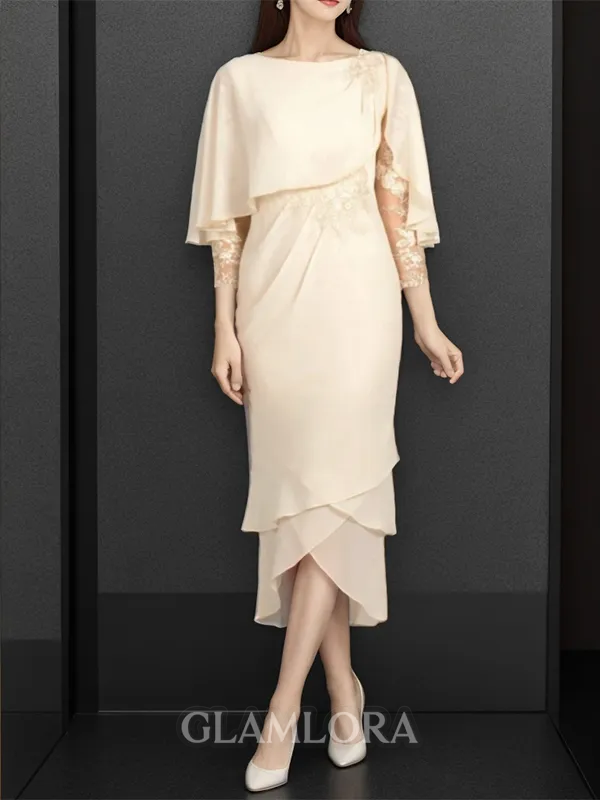 Modest Sheath/Column Bateau 3/4 Sleeves Chiffon Tea-Length Mother of the Bride Dress With Applique