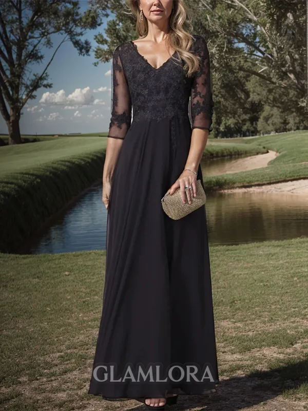 Refined A-line V-neck 3/4 Sleeves Chiffon Floor-Length Mother of the Bride Dress With Ruffles