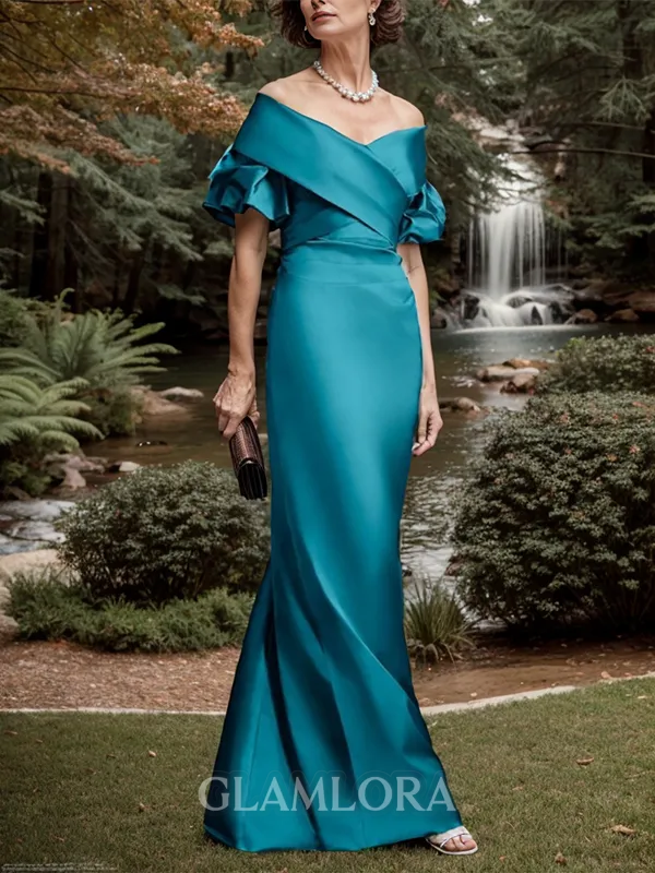 Sheath/Column Chic Off-the-Shoulder Short Sleeves Satin Floor-Length Mother of the Bride Dress With Pleated