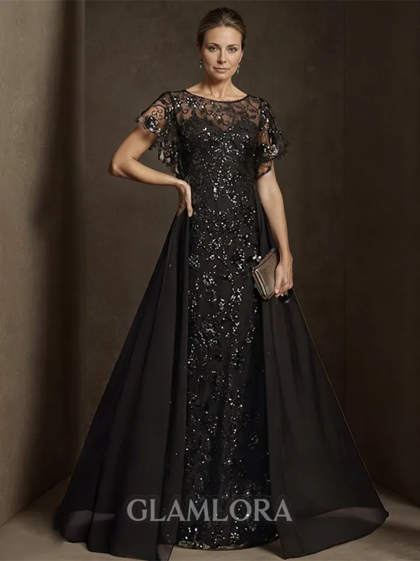 A-line Flattering Bateau Short Sleeves Chiffon Floor-Length Mother of the Bride Dress With Sequin