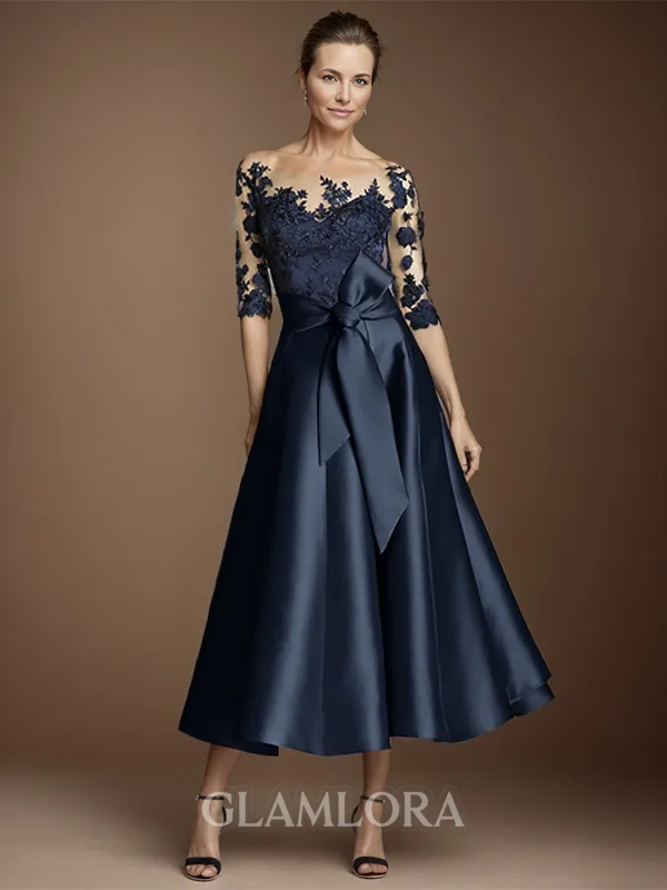 Charming A-line Illusion 3/4 Sleeves Satin Tea-Length Mother of the Bride Dress With Bow