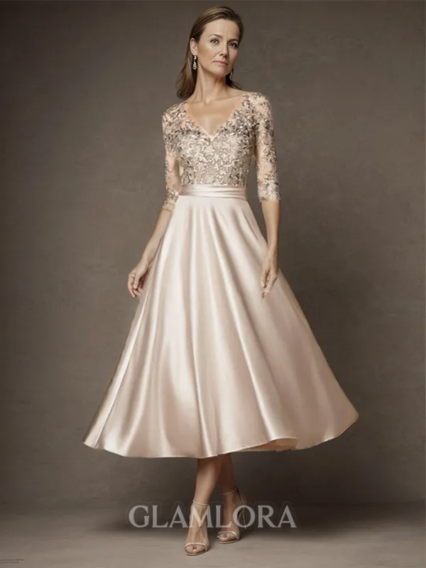 A-line Noble V-neck 3/4 Sleeves Satin Tea-Length Mother of the Bride Dress With Applique