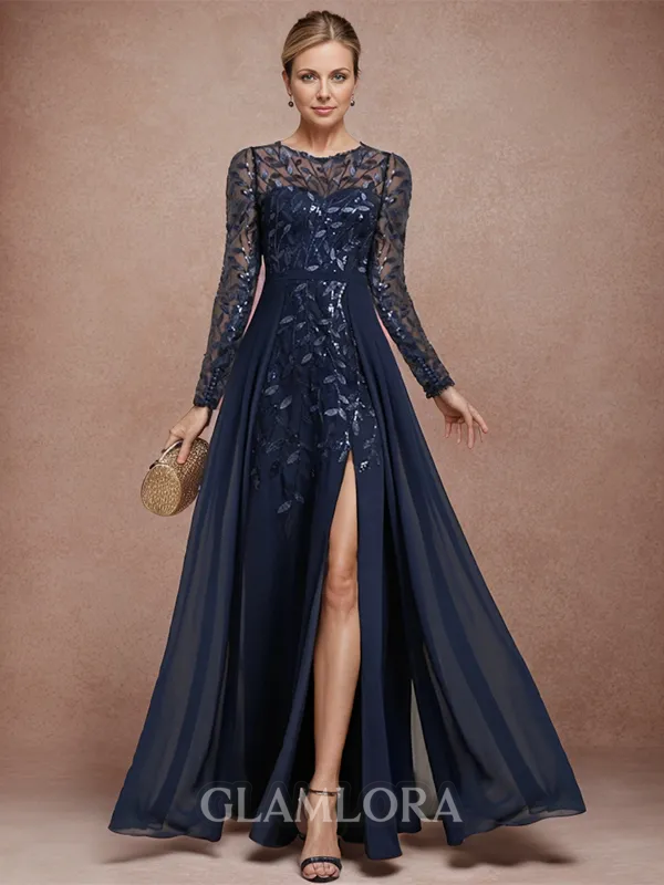 A-line Timeless Bateau Long Sleeves Chiffon Floor-Length Mother of the Bride Dress With Ruffles