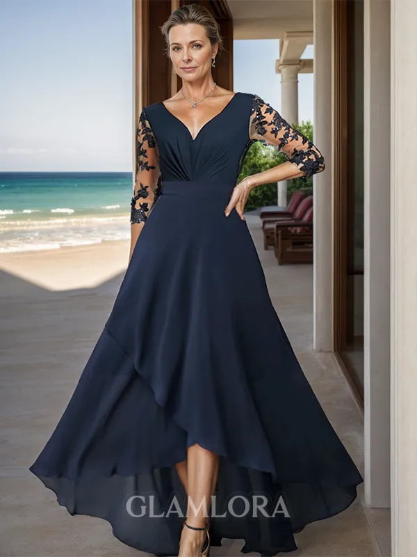 Rhythmic A-line V-neck 3/4 Sleeves Chiffon Asymmetrical Mother of the Bride Dress With Ruffles