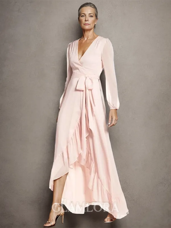 Endearing A-line V-neck Long Sleeves Satin Chiffon Asymmetrical Mother of the Bride Dress With Ruffles