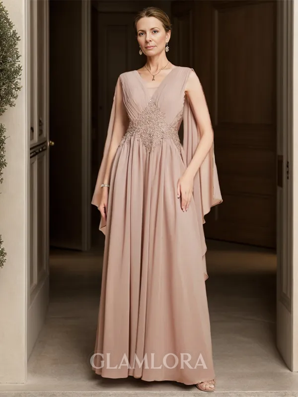Glamorous A-line V-neck Sleeveless Chiffon Floor-Length Mother of the Bride Dress With Applique