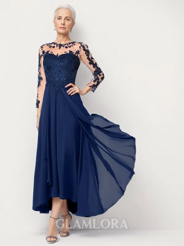 Tasteful A-line Illusion 3/4 Sleeves Chiffon Asymmetrical Mother of the Bride Dress With Ruffles