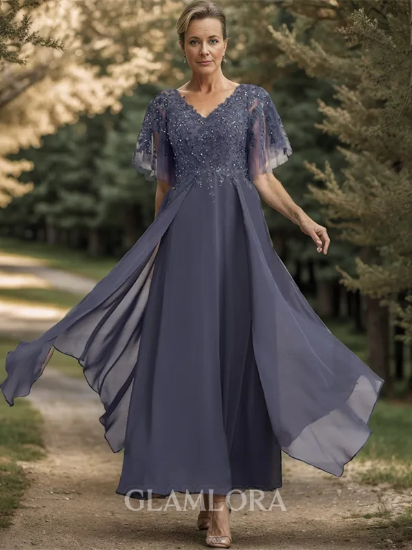 Gorgeous A-line V-neck Short Sleeves Chiffon Ankle-Length Mother of the Bride Dress With Ruffles