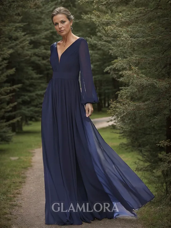 A-line Understated V-neck Long Sleeves Chiffon Floor-Length Mother of the Bride Dress With Ruffles