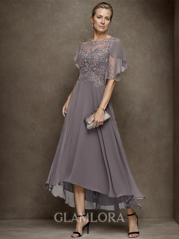 A-line Unique Bateau 1/2 Sleeves Chiffon Asymmetrical Mother of the Bride Dress With Ruffles