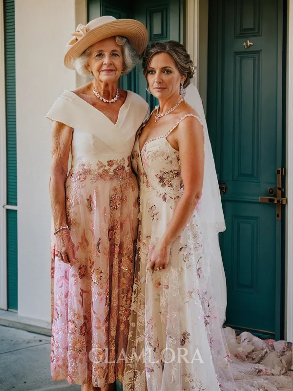 A-Line V-neck Stain Ankle-Length Mother of the Bride Dress With Applique