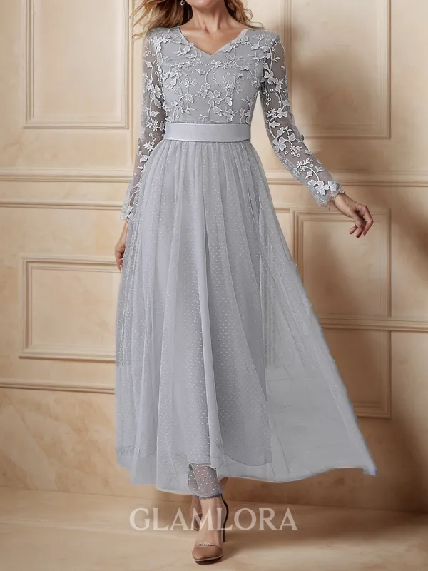 A-Line V-neck Tulle Ankle-Length Mother of the Bride Dress With Applique