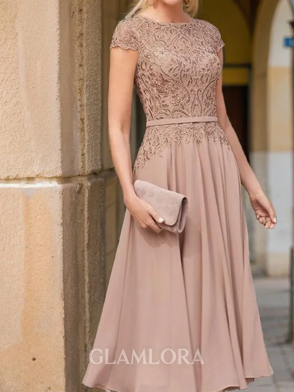 A-Line Graceful Scoop Short Sleeves Chiffon Tea-Length Mother of the Bride Dress With Appliques Lace