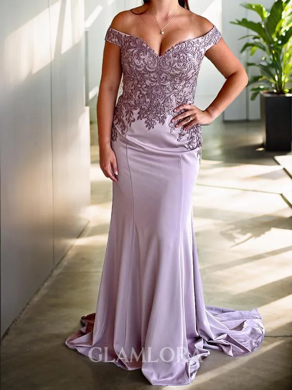 Charming Sheath/Column Off-the-Shoulder Silk like Satin Court Train Mother of the Bride Dress With Appliques Lace