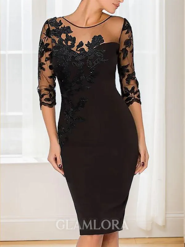 Refined Sheath/Column Scoop 3/4 Sleeves Stretch Crepe Knee-Length Mother of the Bride Dress With Appliques Lace