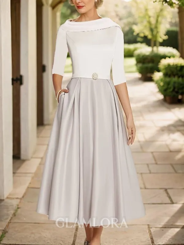A-Line Timeless Scoop 1/2 Sleeves Satin Tea-Length Mother of the Bride Dress