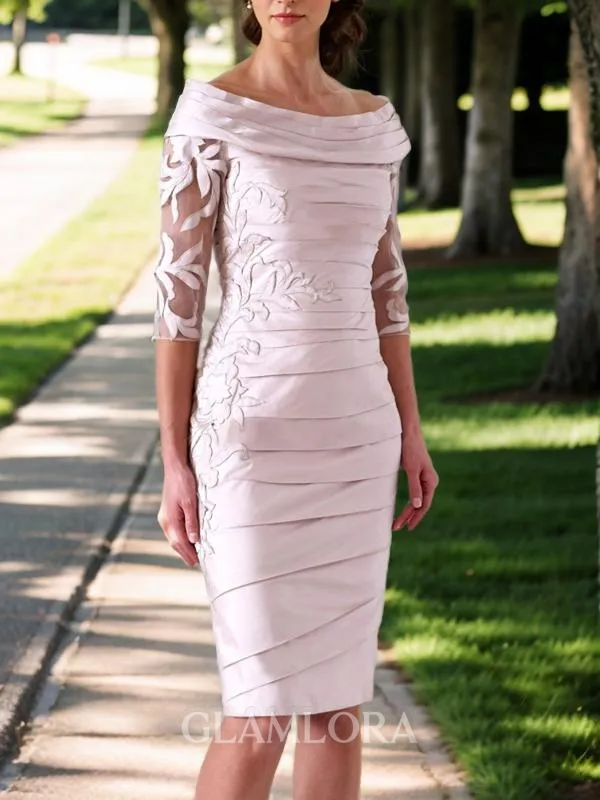 Classy Sheath/Column Scoop 1/2 Sleeves Taffeta Knee-Length Mother of the Bride Dress With Appliques Lace