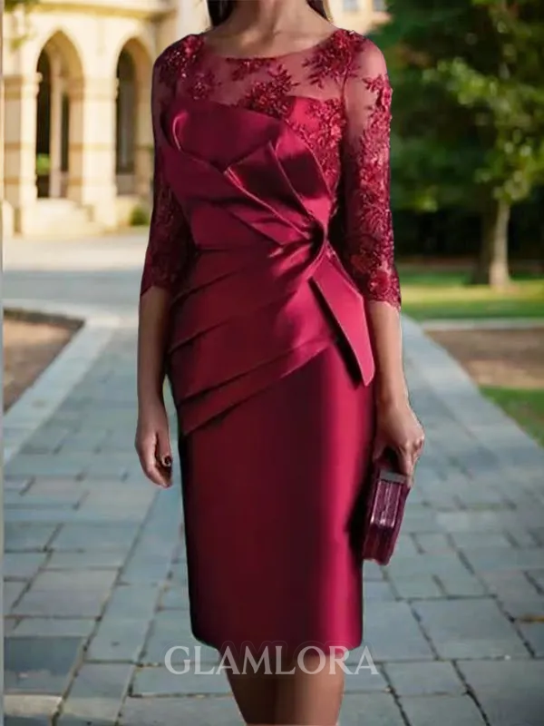 Immaculate Sheath/Column Scoop 3/4 Sleeves Satin Knee-Length Mother of the Bride Dress With Appliques Lace
