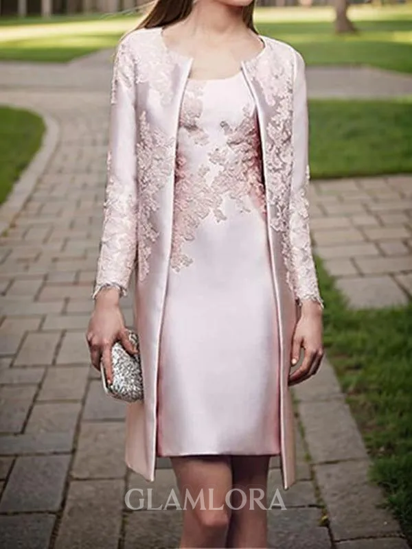 Sheath/Column Chic Scoop Long Sleeves Satin Short/Mini Mother of the Bride Dress With Appliques Lace