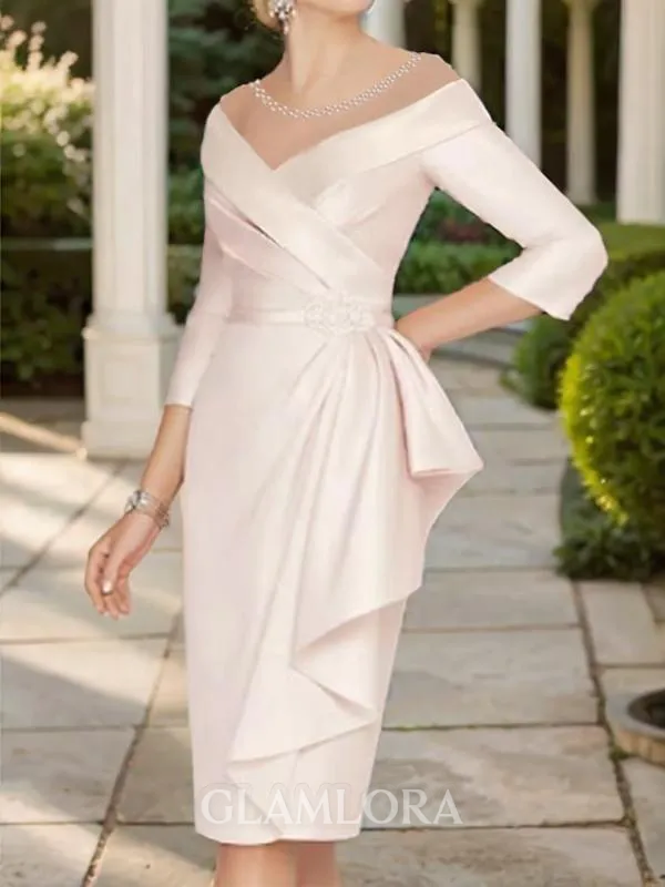Stunning Sheath/Column V-neck 3/4 Sleeves Satin Knee-Length Mother of the Bride Dress With Beading