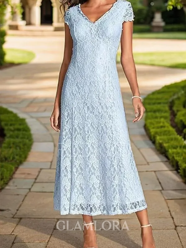 Sheath/Column Charming V-neck Short Sleeves Lace Ankle-Length Mother of the Bride Dress With Appliques Lace