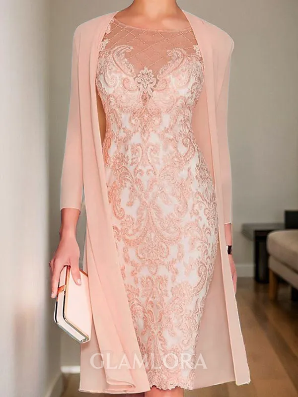 Stylish Sheath/Column Scoop 3/4 Sleeves Chiffon Knee-Length Mother of the Bride Dress With Appliques Lace