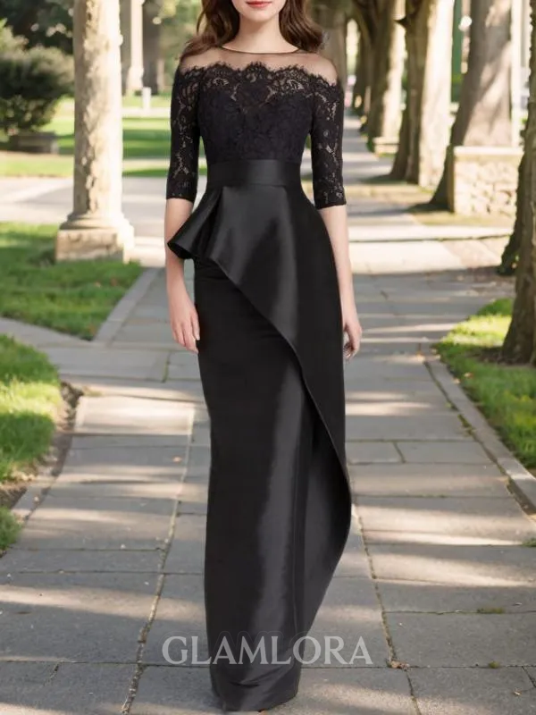 Graceful Sheath/Column Off-the-Shoulder 1/2 Sleeves Satin Floor-Length Mother of the Bride Dress With Appliques Lace