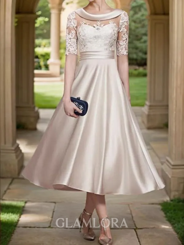 Refined A-Line Scoop 1/2 Sleeves Satin Tea-Length Mother of the Bride Dress With Appliques Lace