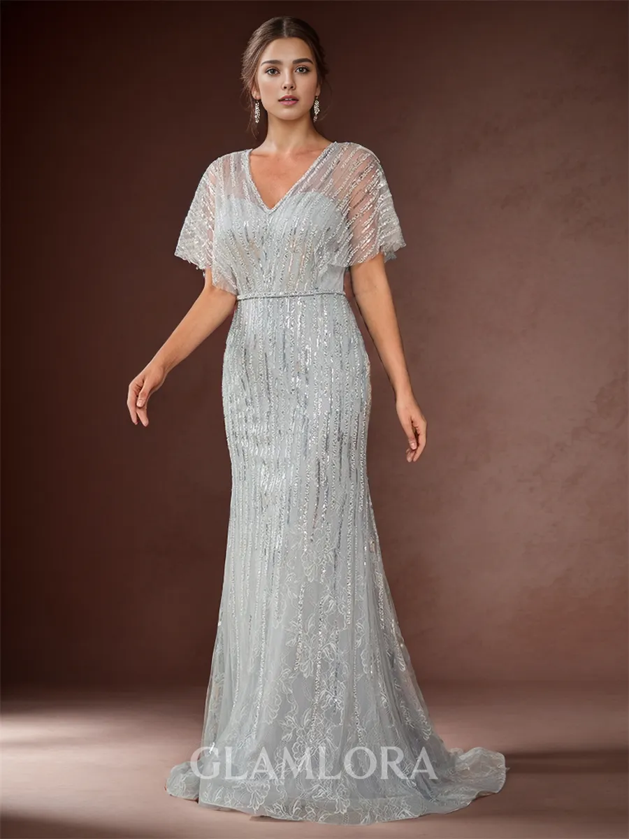 Resplendent Sheath/Column V-neck Short Sleeves Sweep Train Mother of the Bride Dress