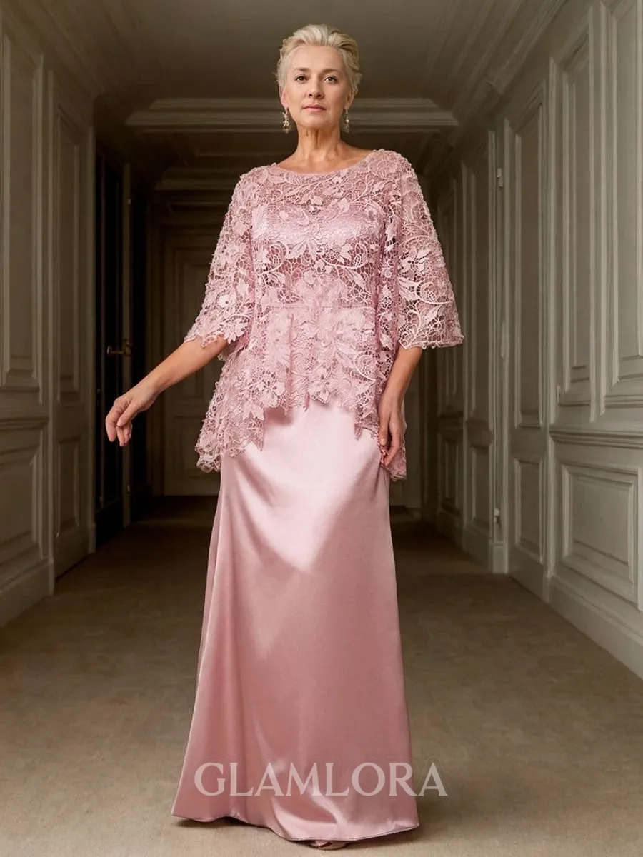 Sheath/Column Regal Scoop 3/4 Sleeves Silk like Satin Floor-Length Mother of the Bride Dress With Applique