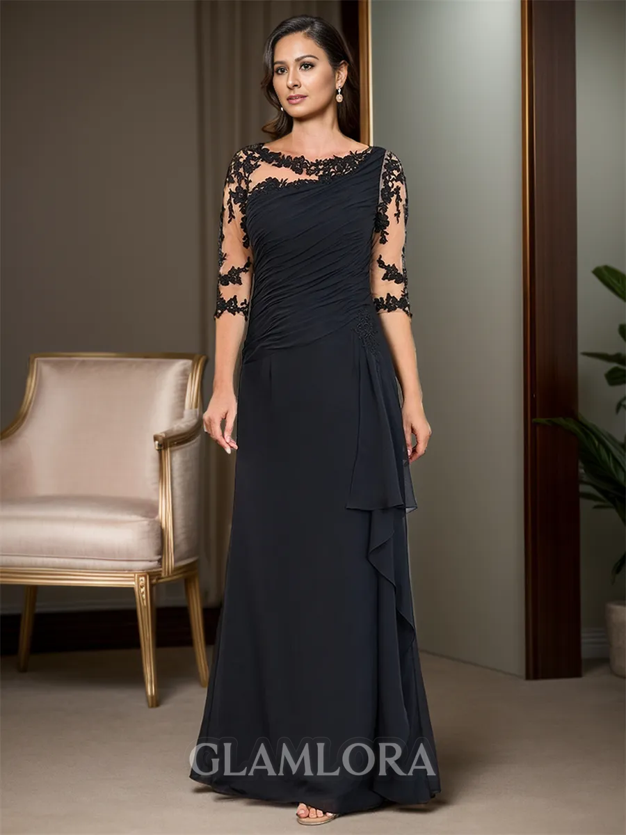 Immaculate Sheath/Column Scoop 1/2 Sleeves Chiffon Floor-Length Mother of the Bride Dress With Applique